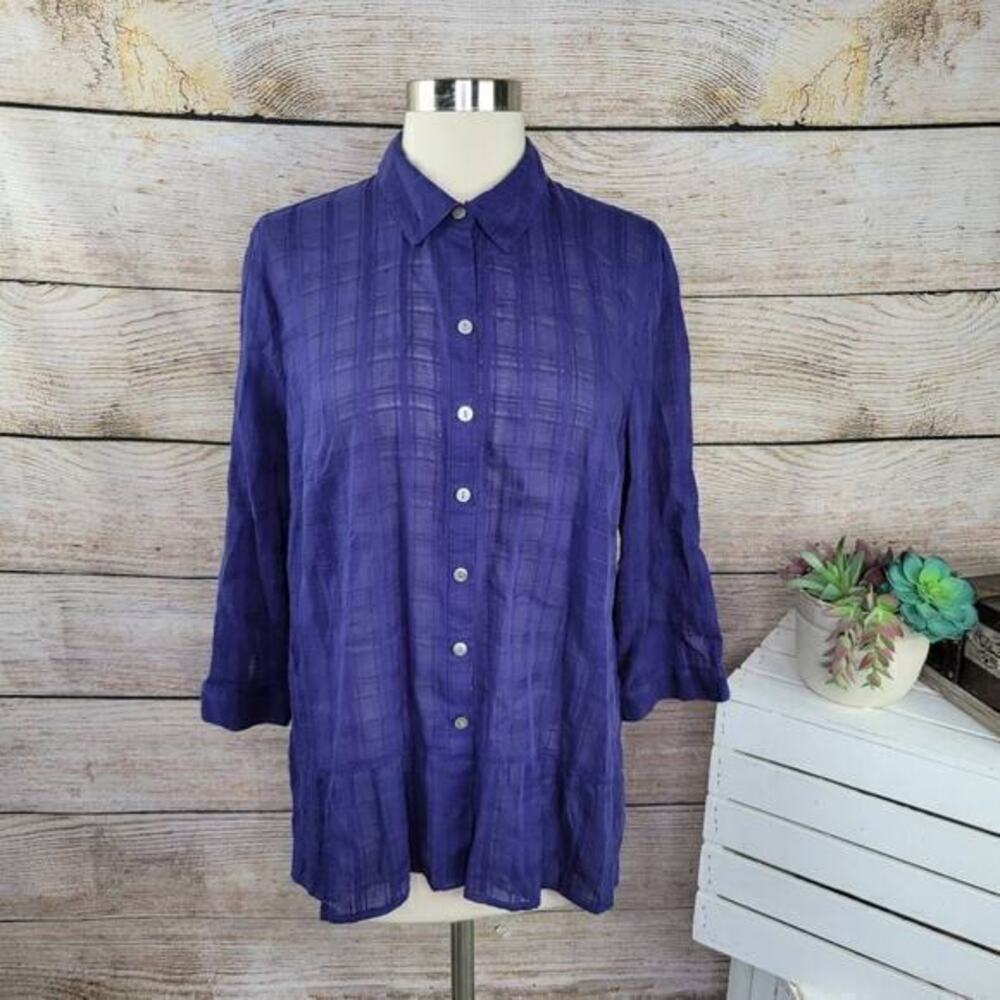J Jill Button Down Sheer Window Pane Blue Short Sleeve Top Size Medium Petite